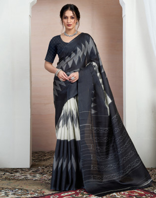 SIRIL Printed Ikkat Cotton Blend Saree(Black)