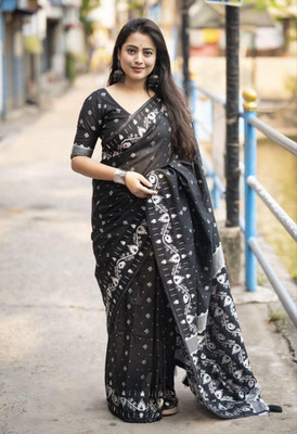 MM VENTURE Woven Dharmavaram Jacquard Saree(Black)
