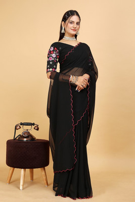 SAADHYA CREATION Embroidered, Solid/Plain Bollywood Georgette Saree(Black)