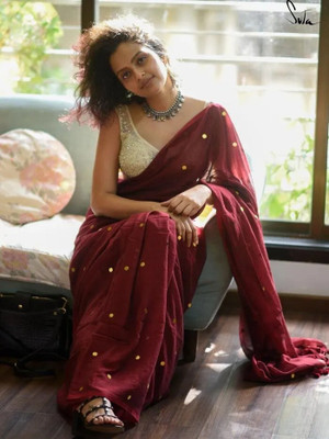 AGAMONI Embellished Handloom Pure Cotton Saree(Maroon)