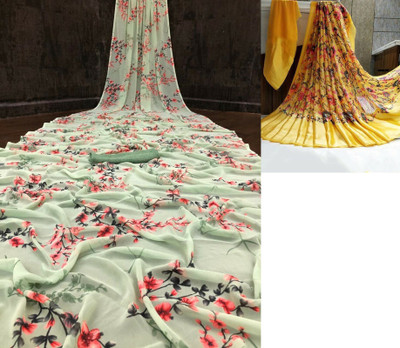 Sanjana Silk Floral Print Bollywood Georgette Saree(Pack of 2, Green)