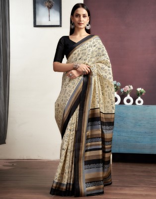 Samah Geometric Print, Printed Daily Wear Cotton Blend Saree(Cream, Black)