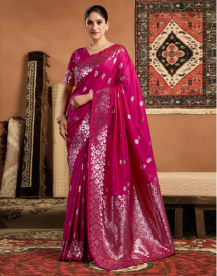 Satrani Woven, Embellished Banarasi Silk Blend Saree(Pink)