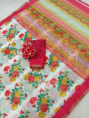kesarsilkmills Printed, Floral Print Kanjivaram Pure Cotton, Cotton Linen Saree(Pink)