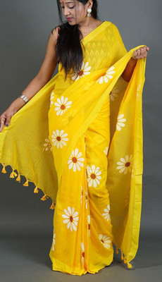 SAYAN CREATION Floral Print Handloom Pure Cotton Saree(Yellow)