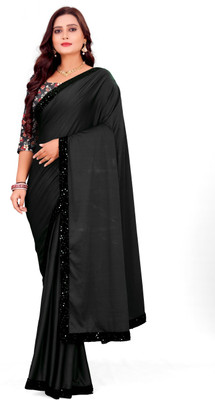 Foxsite Solid/Plain, Embellished Bollywood Lycra Blend Saree(Black)