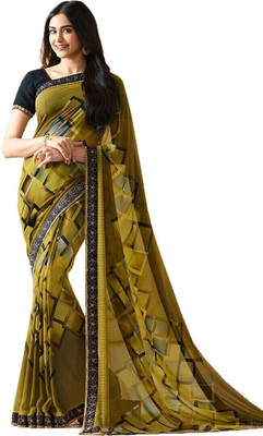 ROOP SUNDARI SAREES Self Design, Checkered, Printed Bollywood Georgette Saree(Dark Green, Black)