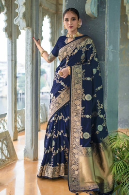 SRI SAI CREATION Woven Bollywood Silk Blend, Jacquard Saree(Dark Blue)