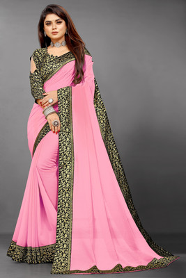Georgette Saree Solid/Plain Jamdani Georgette, Crepe Saree(Pink)