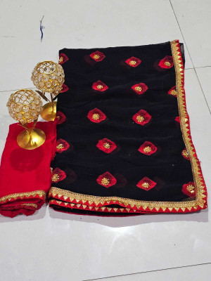 Ashwamegh Creation Blocked Printed, Digital Print, Geometric Print, Printed, Color Block Bandhani Chiffon Saree(Black)