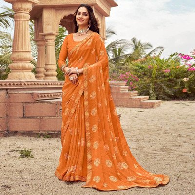 Peachmode Printed Bollywood Chiffon Saree(Orange)