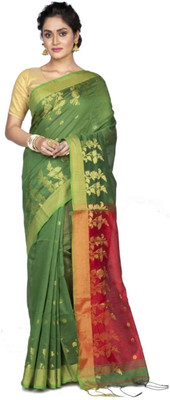 ADbutiq Self Design Tant Handloom Cotton Blend Saree(Green)
