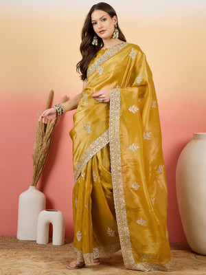ShopGlobal Embroidered Banarasi Pure Silk Saree(Yellow)