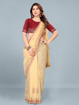 KURTAKULTURE Embellished Bollywood Net Saree(Cream)