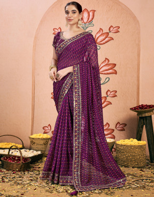 Samah Embellished, Embroidered, Printed Bandhani Chiffon, Lace Saree(Purple)