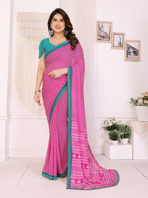 Anand Sarees Embellished Saree with Attached Blouse Georgette, Lace Saree(Pink, Light Blue)