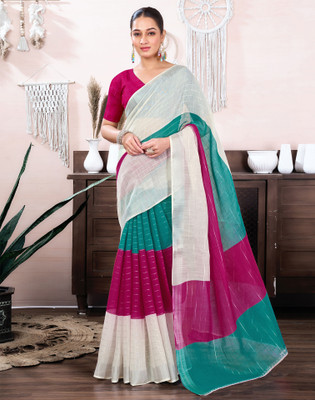 Samah Ombre, Embellished, Striped Bollywood Cotton Linen Saree(White, Blue, Pink)