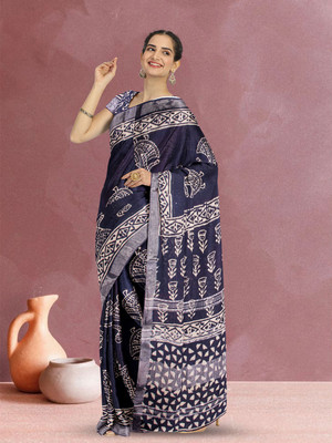 Avishya Printed Daily Wear Linen Saree(Blue)