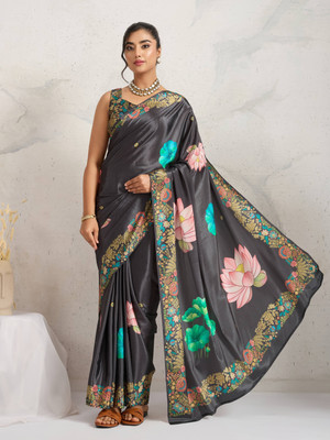Rachna Floral Print Bollywood Satin Saree(Black)