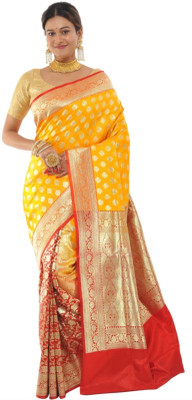 HouseOfCommon Self Design Banarasi Pure Silk Saree(Red, Yellow)
