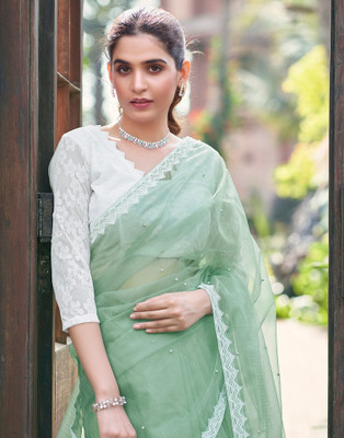 Samah Dyed, Embellished, Self Design Bollywood Net Saree(Green)