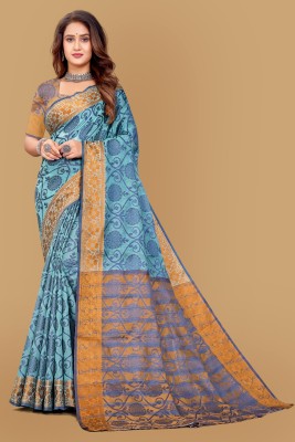 Gita Textiles Woven Chanderi Cotton Blend Saree(Blue)