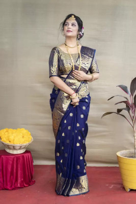HITESH ENTERPRISE Self Design Banarasi Silk Blend Saree(Dark Blue)