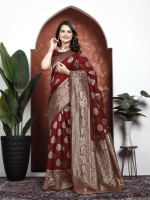 maayro Embellished Banarasi Silk Blend Saree(Maroon)