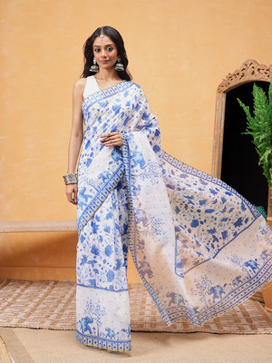 Divastri Digital Print Chanderi Cotton Blend Saree(White)