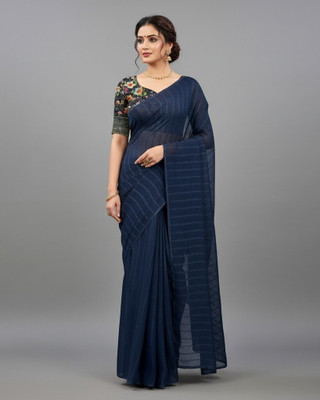 Sanskriti Synthetics Solid/Plain Handloom Chiffon Saree(Dark Blue)