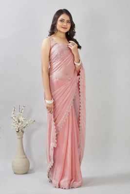 Sajavat Solid/Plain, Embellished, Self Design, Woven Bollywood Satin Saree(Pink)