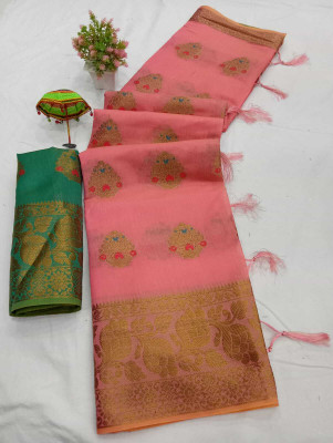 VAKHARIYAFAB Woven, Self Design Kanjivaram Cotton Silk, Pure Cotton Saree(Pink)