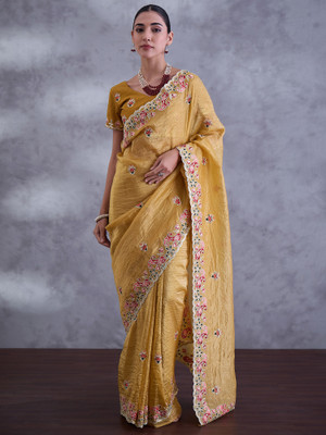 Sareemall Embroidered Bollywood Tissue Saree(Mustard)
