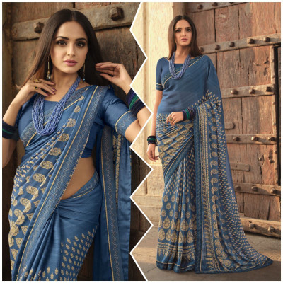 MEETVIN COUTURE Printed, Self Design, Digital Print, Embroidered, Floral Print, Solid/Plain Bollywood Georgette, Chiffon Saree(Blue)