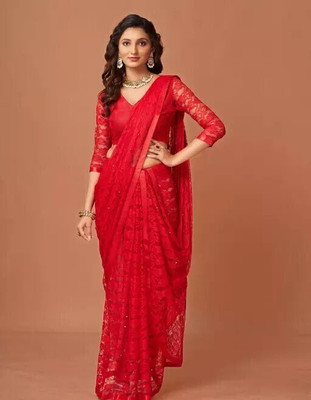 Nexxafashions Printed Banarasi Lycra Blend Saree(Red)