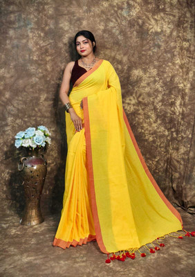 SRINJAN FASHION Solid/Plain Daily Wear Handloom Cotton Linen Saree(Yellow)