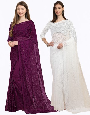 IRI Embellished Bollywood Net Saree(Pack of 2, Purple, White)