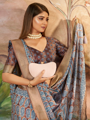 Sareemall Printed Paithani Silk Blend Saree(Brown)