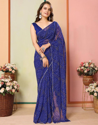 Satrani Printed, Embellished Leheria Chiffon, Georgette Saree(Dark Blue, Light Blue, Yellow)