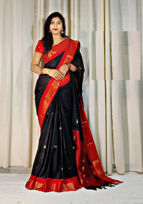 Paithani Printed Paithani Pure Silk Saree(Black, Red)