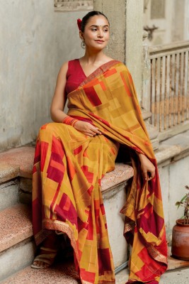 MIRCHI FASHION Printed, Geometric Print Bollywood Silk Blend Saree(Mustard, Red)