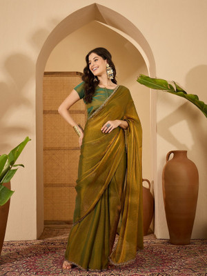 FABMORA Solid/Plain, Embellished Bollywood Silk Blend Saree(Green)