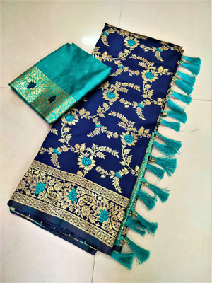 VISHVAMBHARI ENTERPRISE Woven, Floral Print Banarasi Jacquard Saree(Dark Blue)
