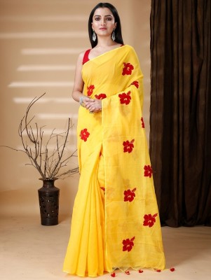 BalikaTextile Embroidered Handloom Cotton Silk Saree(Yellow)