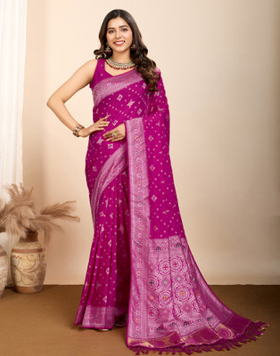 Satrani Woven, Embellished Patola Silk Blend Saree(Pink)