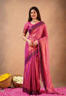 RIDDHIMAN FASHION Self Design Handloom Tissue Saree(Orange)