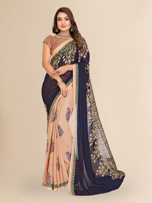 kashvi sarees Paisley, Floral Print Daily Wear Georgette Saree(Beige, Dark Blue)