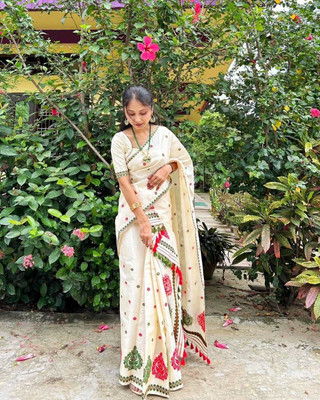 VRAJ CREATION Woven Mekhela Chador Pure Cotton Saree(White)