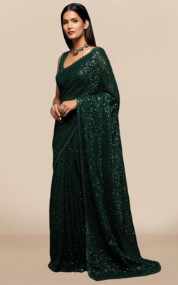 GREENA CREATION Embroidered, Woven, Self Design, Embellished Bollywood Georgette Saree(Green)