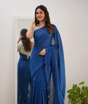 ACHOL Solid/Plain Handloom Cotton Blend Saree(Blue)